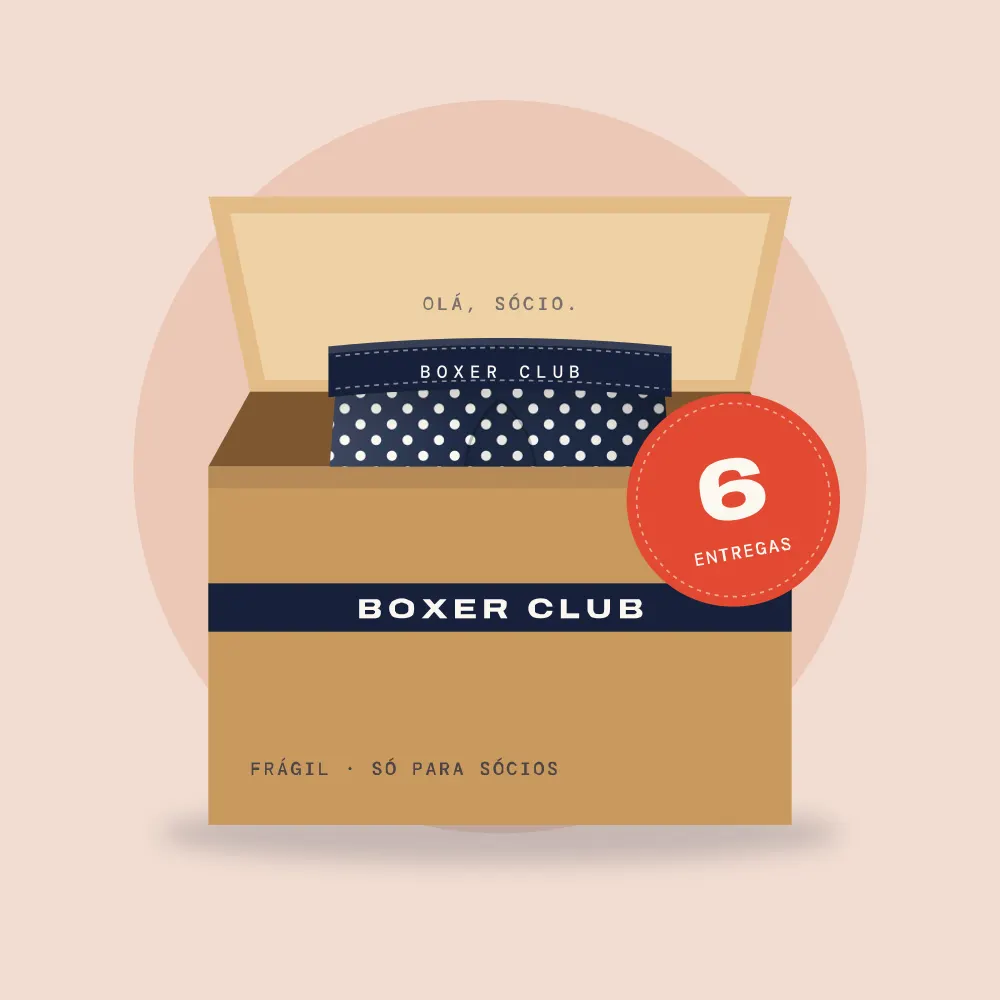 Caixa Boxer Club aberta com um boxer de pontos e selo de 6 entregas
