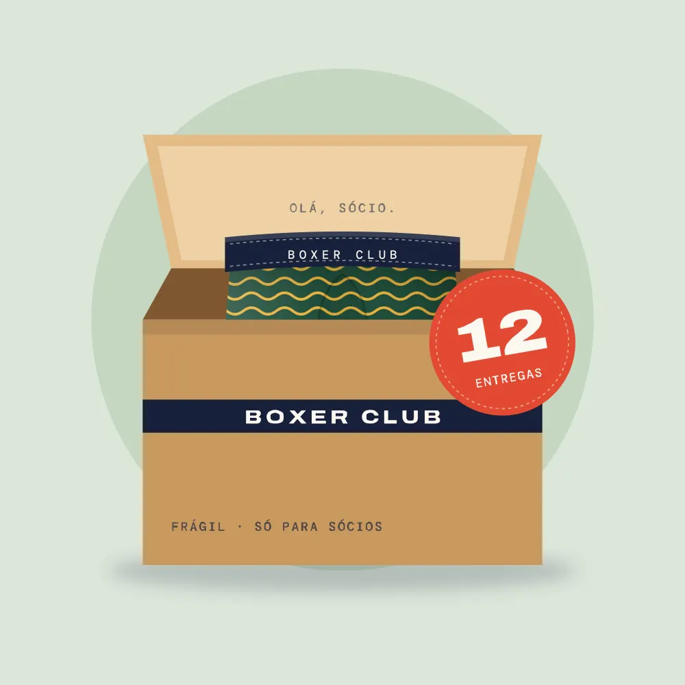 Caixa Boxer Club aberta com um boxer de ondas e selo de 12 entregas
